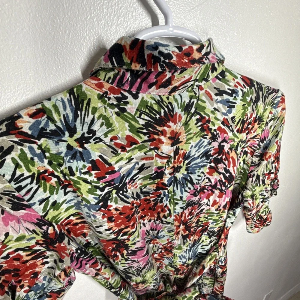 JG Hook Midi Dress Size 10 Linen Faux Wrap Multicolor Abstract Floral Belted - Picture 11 of 16